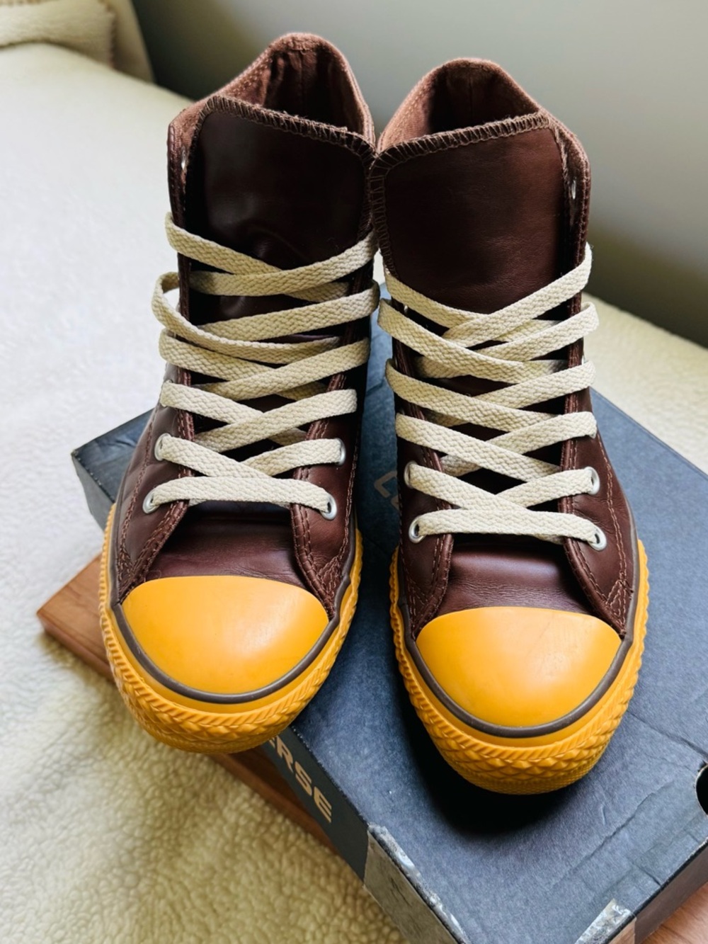 Converse Kids' Brown High-Top Sneakers with Yellow Toe Cap. Leather